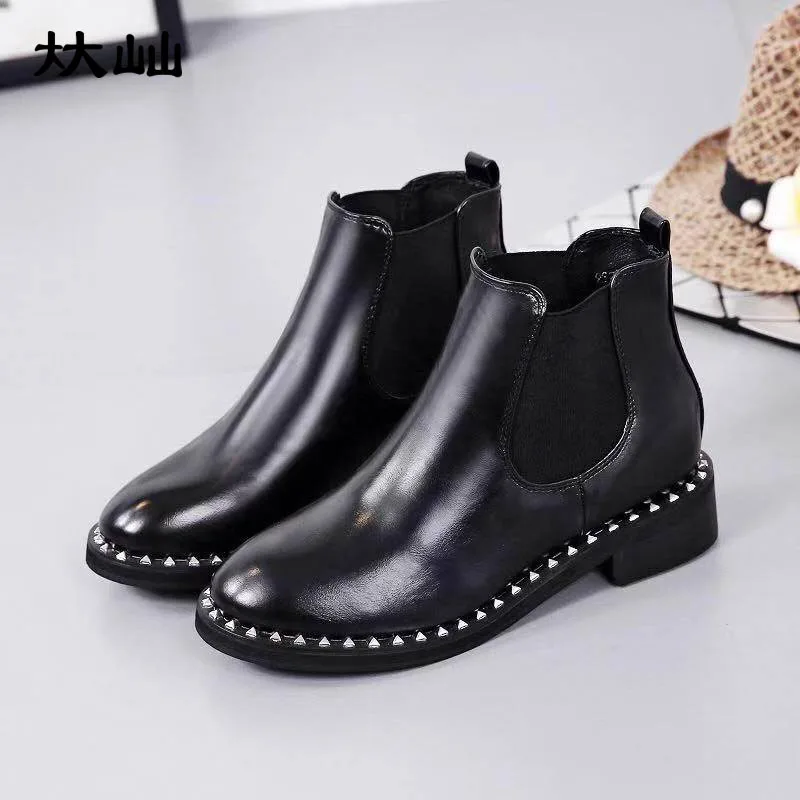 Bishen/зимние ботинки женские ботильоны с круглым носком и заклепками модные