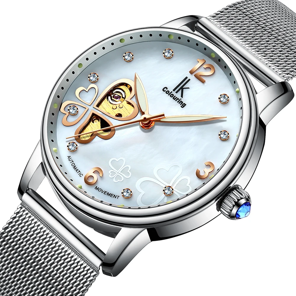 

Fashion Watch Women's Four Leaf Clover Floral Crystal Skeleton Luminous Auto Mechanical Wristwatch with Box