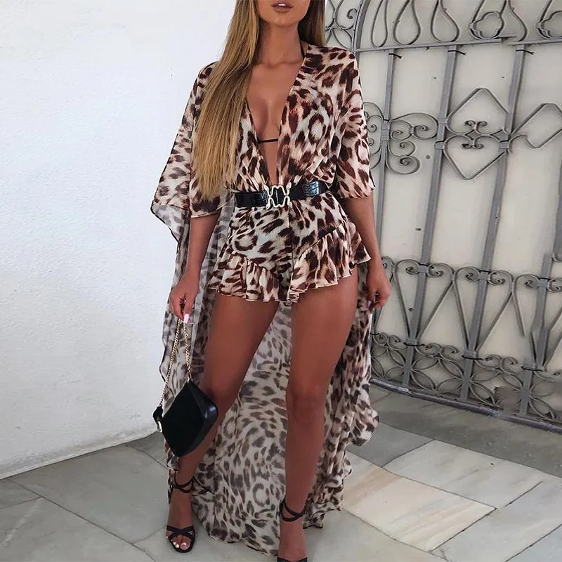 

Women Chic Summer Jumpsuits 2020 Leopard Print back cloak Ruffled Jumpsuit Plunge Sexy & Club Streetwear