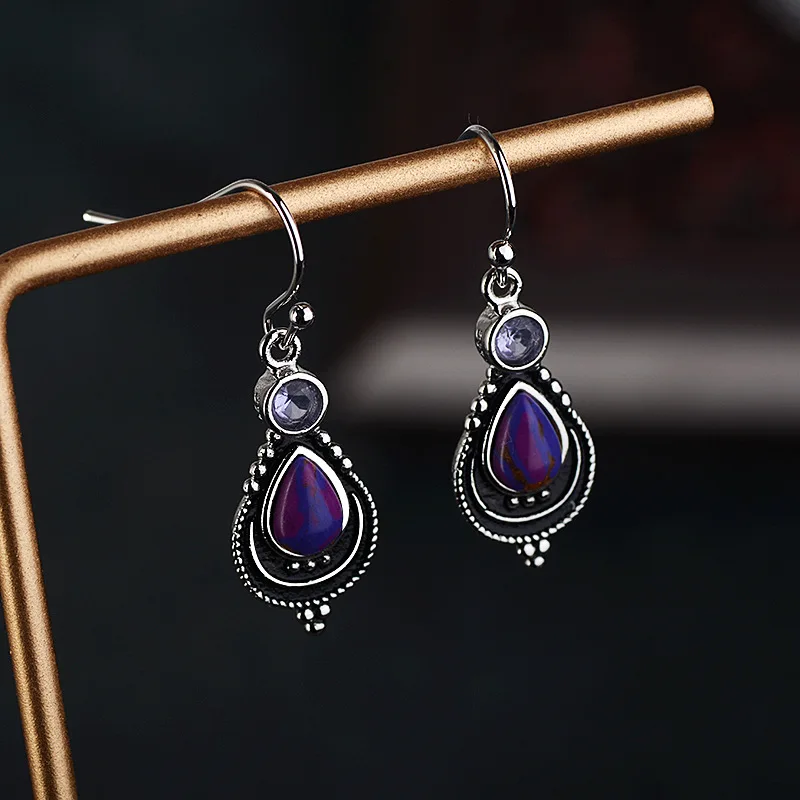 S925 Charoite серьги женские модные фиалки ананас уха украшения Серебряные Серьги с