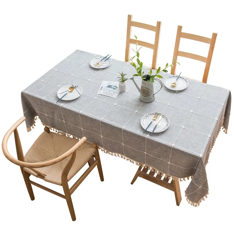 

Modern simple cotton linen solid color square lattice dustproof table cloth rectangular tassel tea table table cloth hotel table