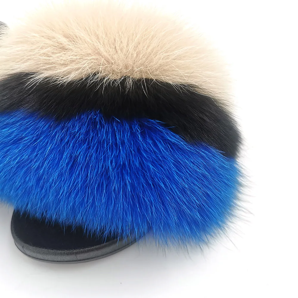 

2020 Luxury Genuine Fur Slides Slippers Ladies Furry Summer Raccoon Fox Fur Shoes Women Indoor Flat Sandals For Women Summer