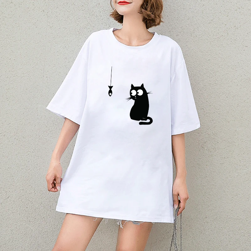 Женская футболка с принтом мультяшного кота свободная повседневная коротким