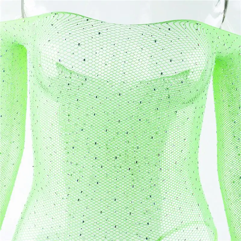 

Lady Glitter Rhinestones Slash Neck Sexy Bodysuit Fishing Net Mesh Transparent Full Sleeve Backless Slim Club Party Rompers