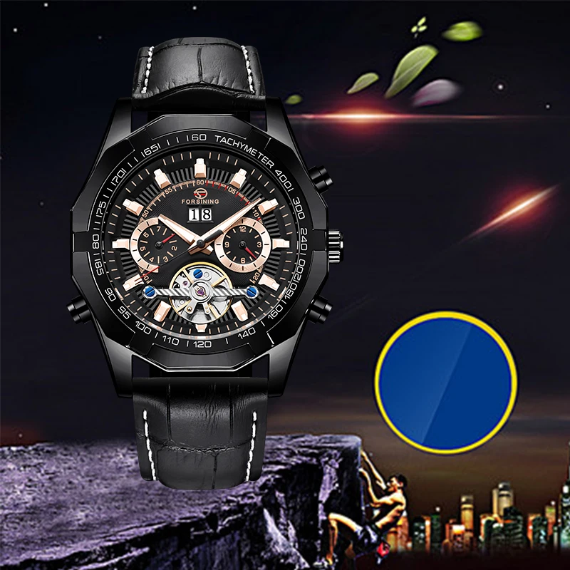 Модные мужские часы FORSINING Tourbillion с черным золотым волнистым циферблатом в