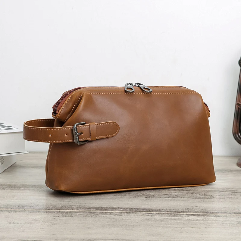

Vintage Crazy Horse Leather Clutch Bags for Men Lager Wrist Wallet Brand Design Phone Purses Casual Male Travel Storage Handbag