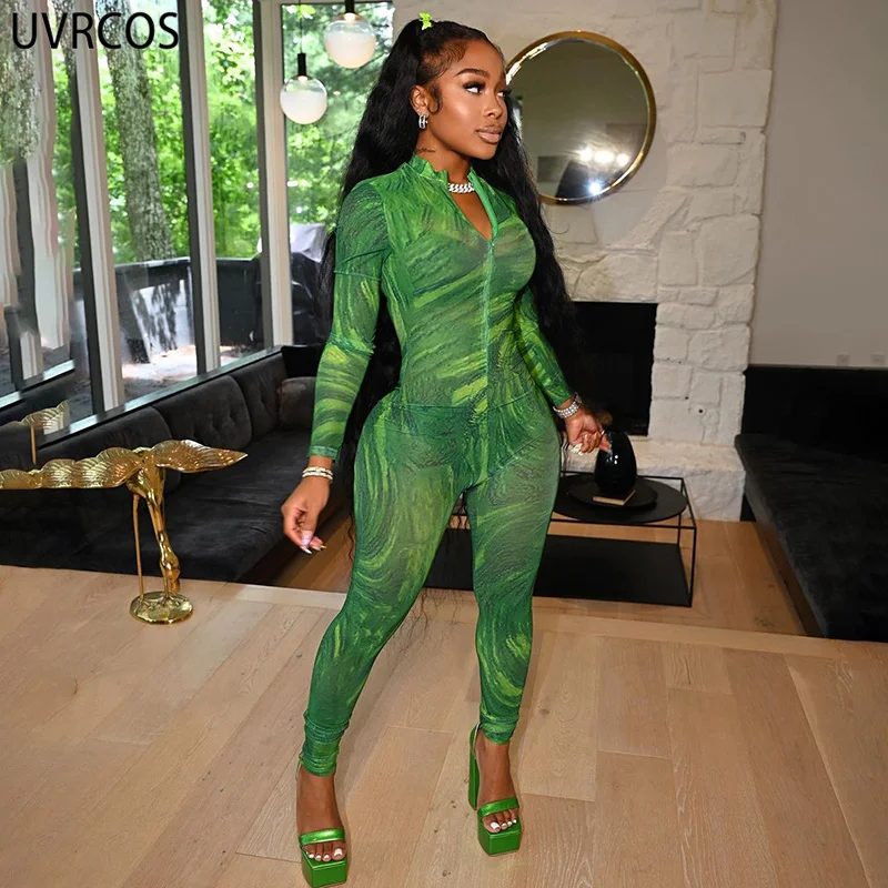

UVRCOS One Piece Outfit Women 2021 Fashion Autumn Clothes Women Long Sleeve Chest Zipper Stand Neck Tie Dye Print Sexy Jumpsuits
