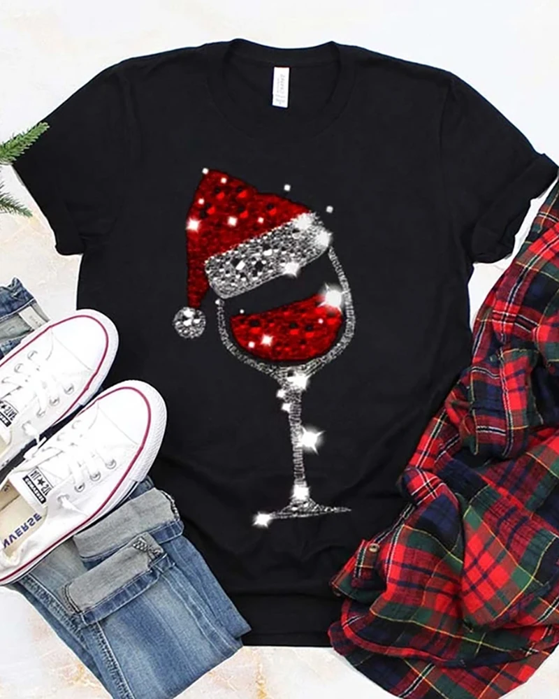 

New Casual Tshirts Tee Tops Short Sleeve T-shirt Christmas hatPrint Wine Glass Print Plus Size 3XL 2XLCasual T-shirt