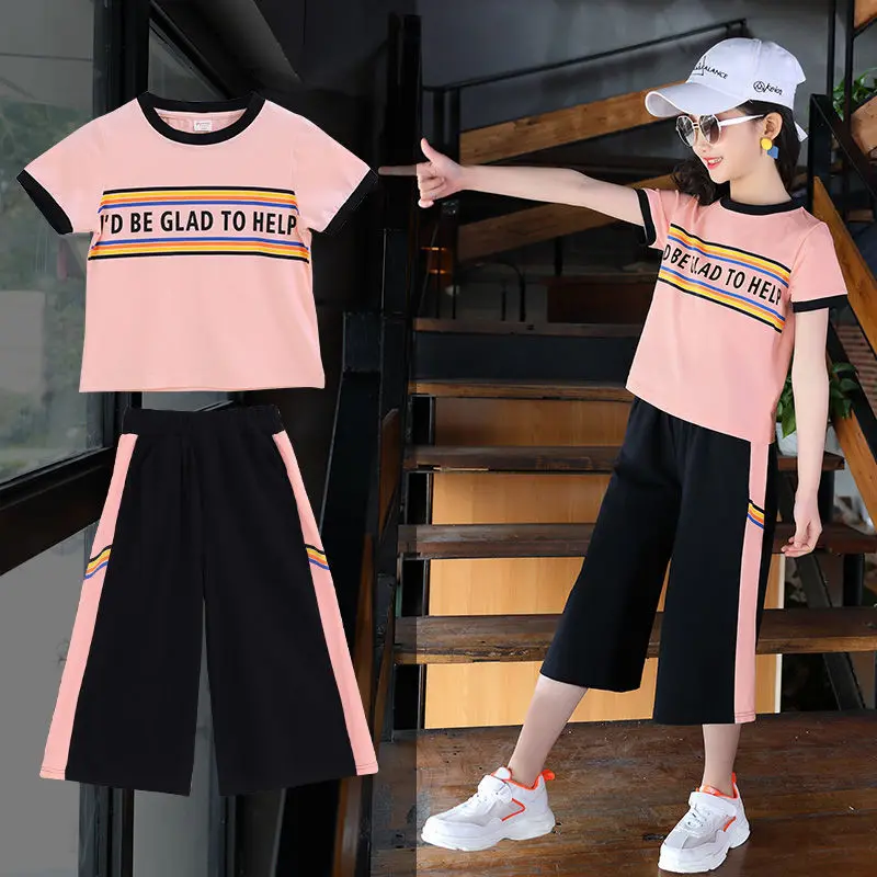 Костюм для девочек летний модный спортивный комплект одежды короткая детская