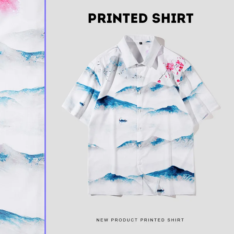 

2021 Summer Fashion White Landscape Print Men's Hawaiian Shirts Japanese Harajuku Loose Casual Beach Shirts Short Sleeve