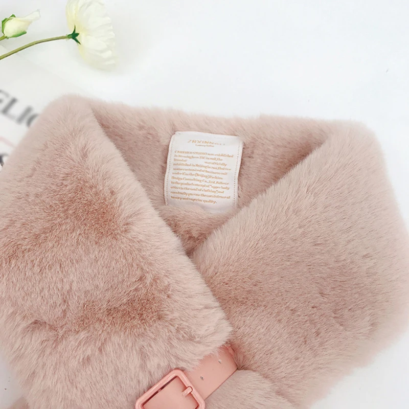 

Imitated Fur Scarf Belt Buckle Cross Scarves Solid Color Soft Thicken Neck Warmer Plush Snood Scarf Faux Fur Collar Cape Shawls