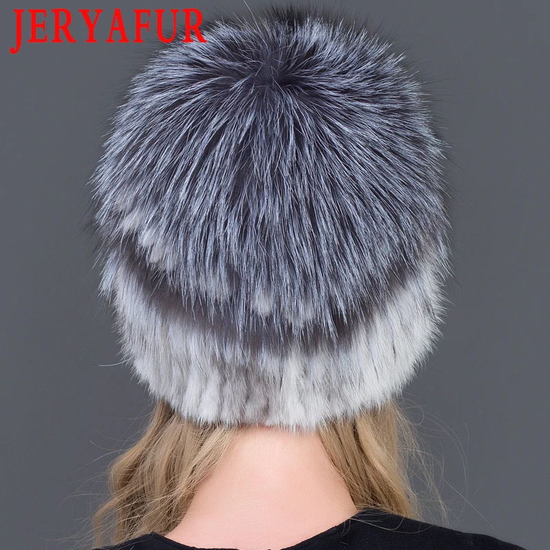 

JERYAFUR Women fur hat winter genuine mink fur skullies with silver fox fur pom poms top beanies hot sale russia fur cap