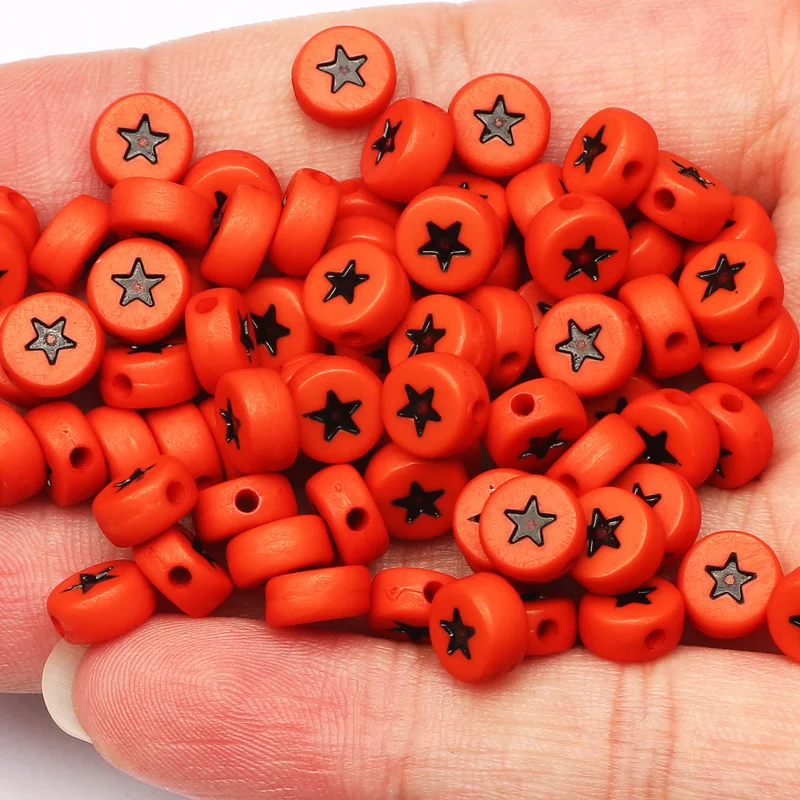 

4x7mm Round Black Star Pattern Orange Acrylic Spacer Beads for Jewelry Making DIY Charm Necklace Bracelet Accessories