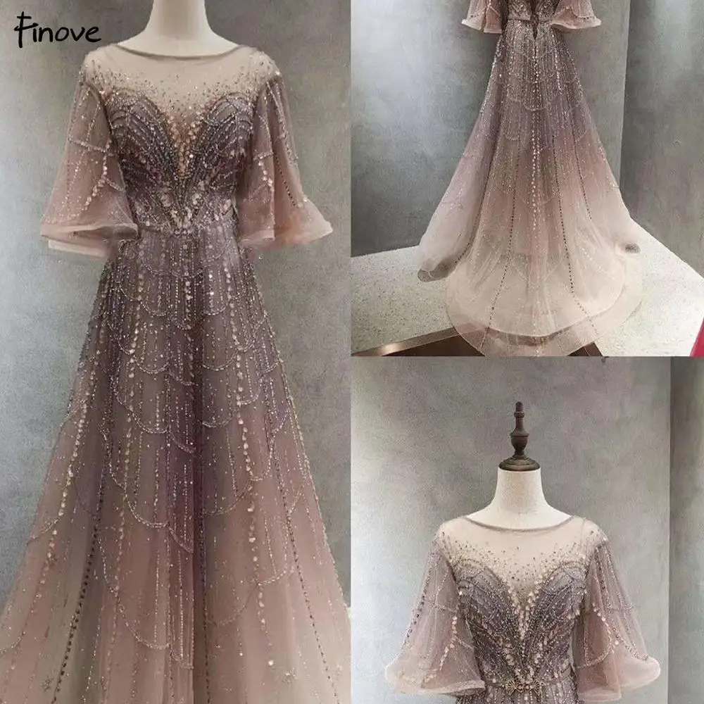 2021 Finove Luxury Beading Evening Dresses Elegant Short Sleeves O-Neck Formal dress A-line Princess party gown | Свадьбы и