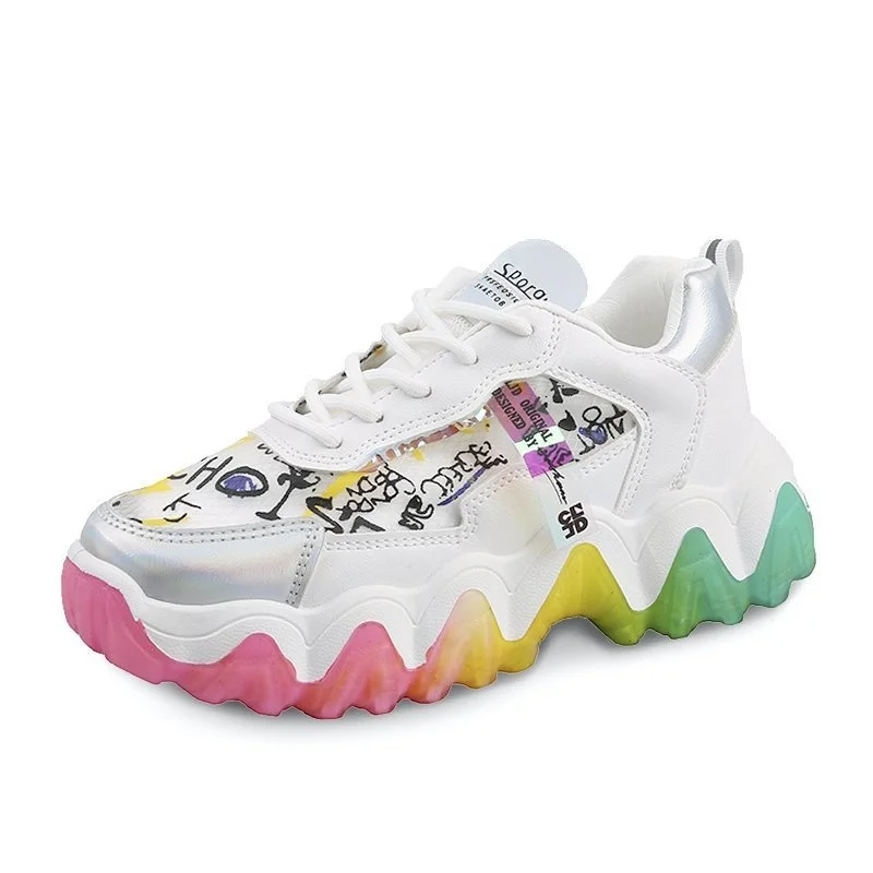 

Large Size Rainbow Bottom Student Old Dad Shoes Women Students Lace-Up Mesh Breathable Sports Shoes Women