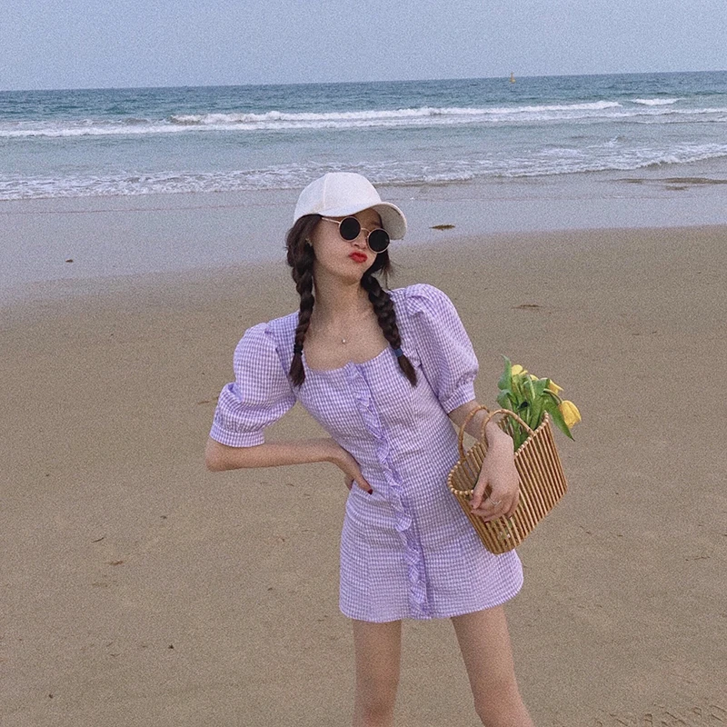 Женское платье с высокой талией фиолетовое повседневное облегающее мини пышными