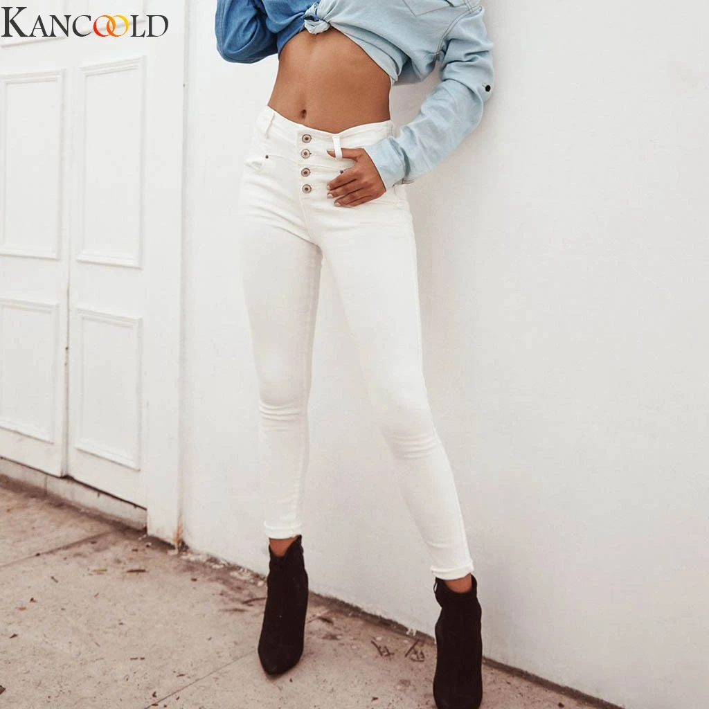 KANCOOLD Women White High-Waist Pocket Button Pencil-Trouser Casual Denim Pants Skinny Trousers Ladies Loose New Arrival |