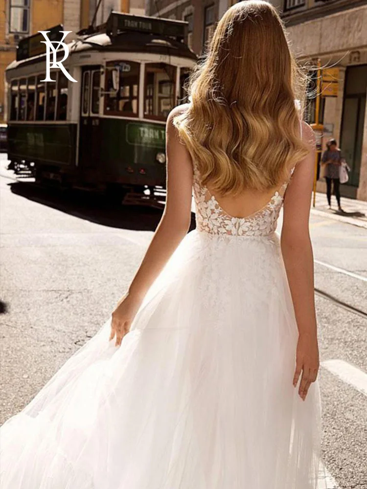 

YILIBER New simple wedding dress backless sleeveless design chiffon lace bride dresses princess dress plus size tailor-made
