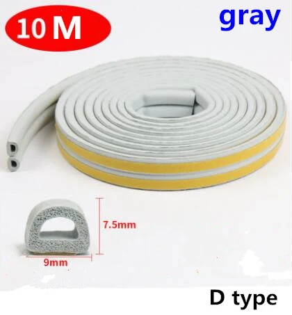 Grey Large D Seal 10 м/рулон самоклеящаяся дверная уплотнительная полоса резиновая Погодная полоса ветрозащитная Звукоизоляционная оконная уплотнительная лента аксессуары для оборудования - Цвет: Grey Large D Seal