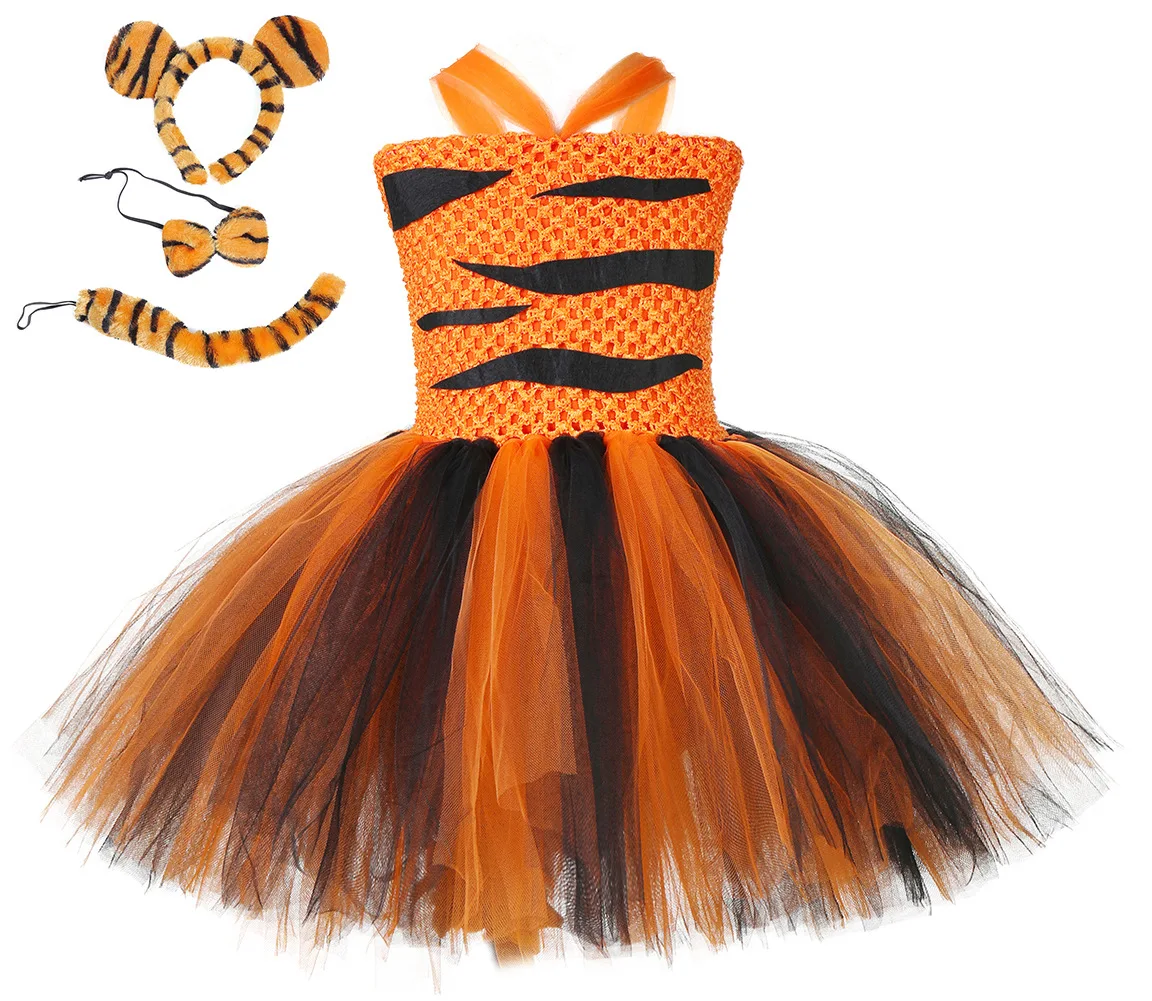 

Kids Tiger Cosplay Costume Set Baby Girls Birthday Jungle Party Tutu Dress Children Halloween School Perform Clothes Set