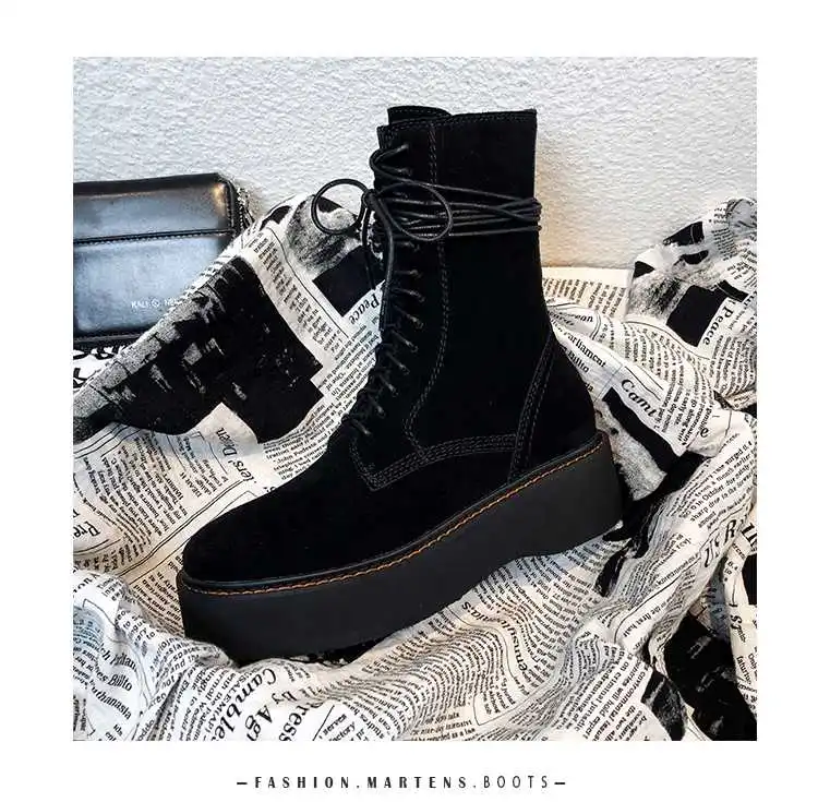 black cow suede Lenkisen/мотоботы из натуральной кожи с круглым носком на высоком каблуке с перекрестной шнуровкой; водонепроницаемые ботинки до середины икры черного цвета на толстой подошве; L83 - Цвет: black cow suede