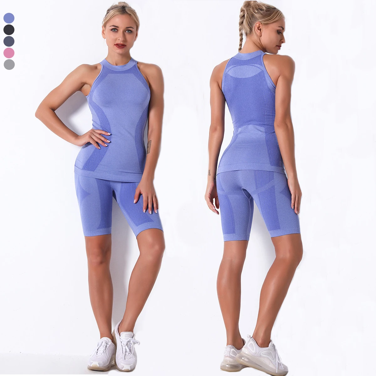 

2021 New Female Seamless Knitted Moisture Wicking Sports Suit Fitness Vest Top Running Shorts Women Gym Yoga Set