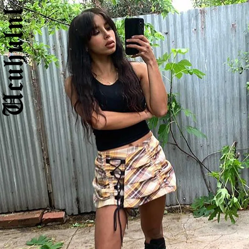 

Ucuhulnl Plaid Gothic Lace Up E-Girl Mini Skirts Y2k Harajuku Sexy Low Rise Ruched Women Skirt Vintage Patchwork Summer Clothes