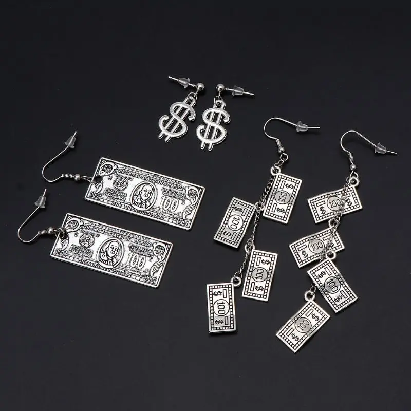 Античные серебряные 100 долларов купюр деньги узор валюты Висячие серьги для