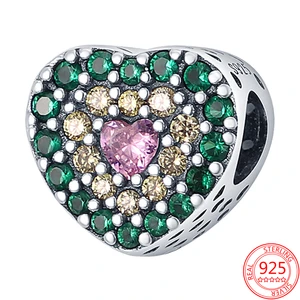 New 925 Sterling Silver Gift for Women Jewelry Colored Zircon Heart Beads Fit Original Pandora DIY Bracelet Bangle Charm Dangles