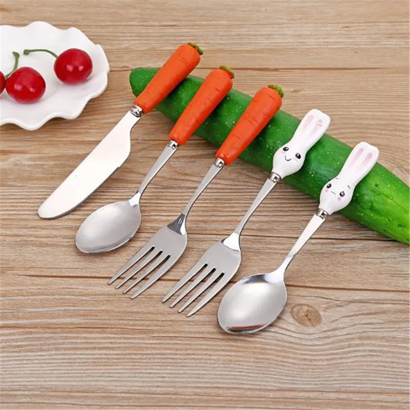 

Cartoon Cute Stainless Steel Food Tablewares Infant Food Feeding Tableware Baby Spoon Knife Fork Dinnerware