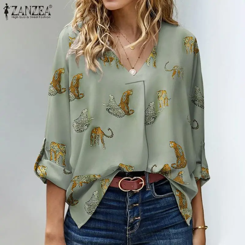 

Женская Элегантная блузка ZANZEA с V-образным вырезом и длинным рукавом, Стильные топы с леопардовым принтом, осенняя офисная рубашка, повседне...