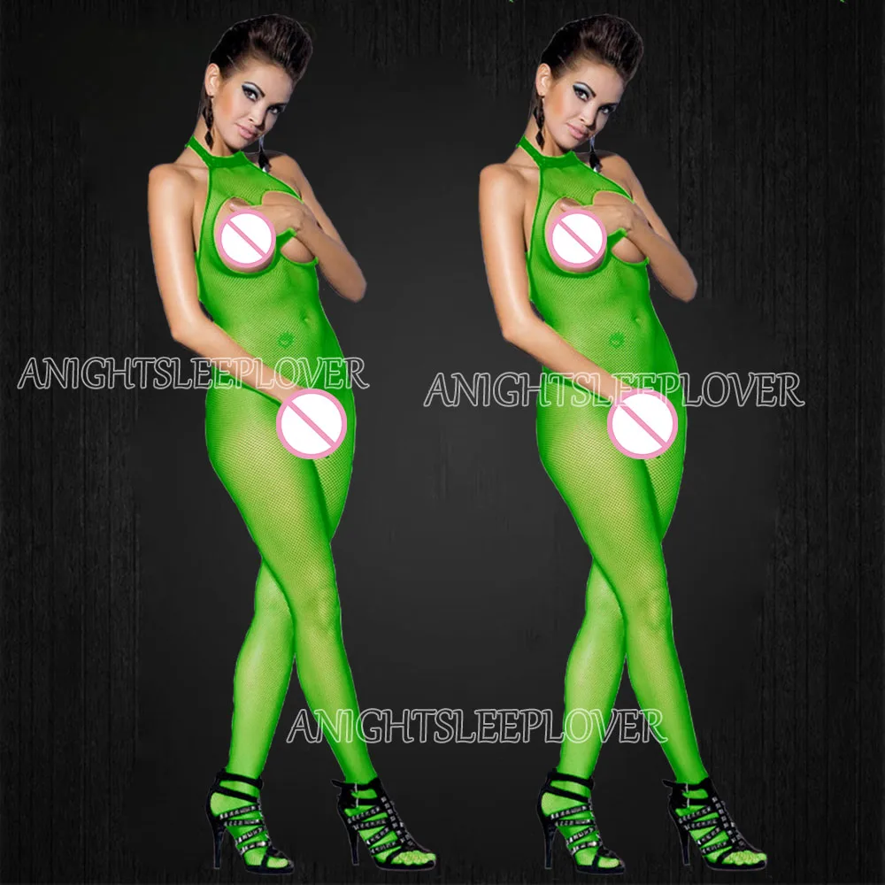 Зеленые женские Сетчатое Боди с открытой промежностью сетчатые колготки-нижнее