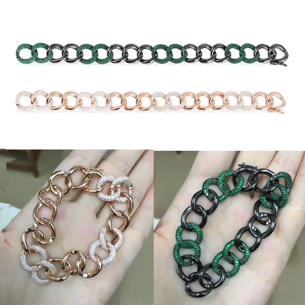 Женский браслет с цепочкой SLJELY из серебра 925 пробы черным и зеленым цирконием