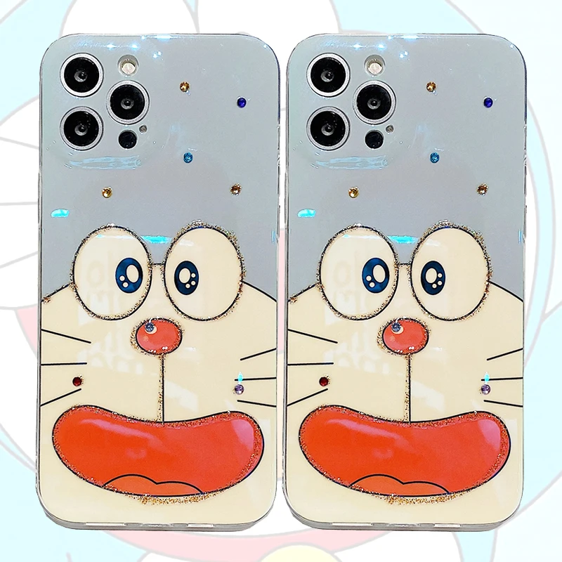 

Anime Doraemon Phone Cases for iPhone 11 12 Pro Max X XS 7 8 Blue-ray Point Drill Silicone Smartphone Cover for Girls Wholesale