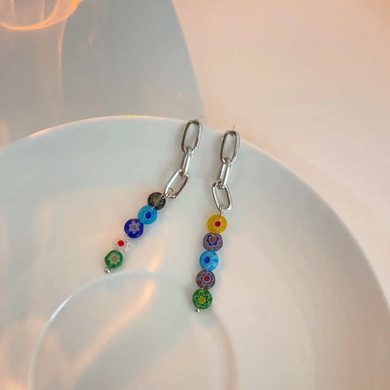 

Korean Handmade Fashion Colorful Acrylic Glaze Flower Beads Dangle Earrings For Women Metal Boucle d'oreille Jewelry