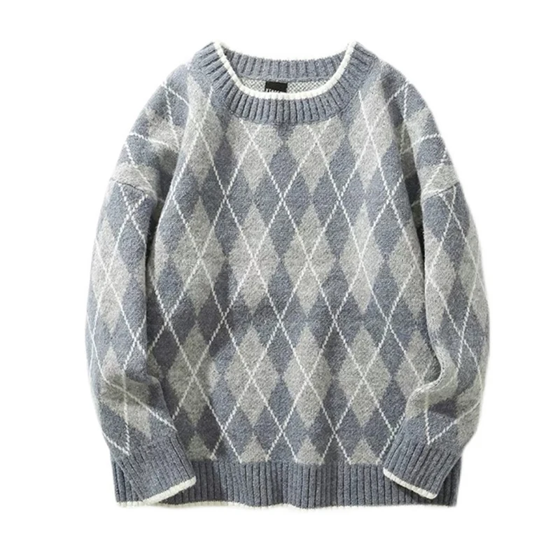 

Winter Vintage Plaid Knitting Sweaters Womens O Neck Loose Basic Knitwear Female Long Sleeve All-Match Fashion Pullover Female