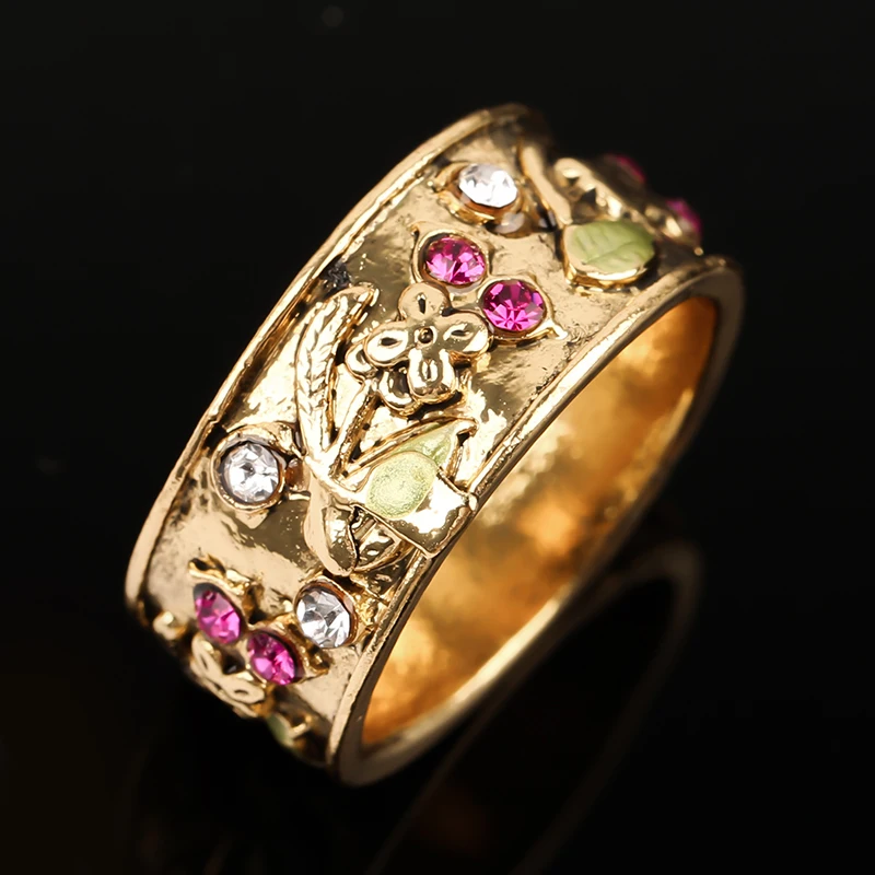 

Fashion Gold Plated Flower and Leaf Ring Fancy Hallow out Stone Rings For Women Ladies Wedding Party Luxury Jewelry Gift H4M957
