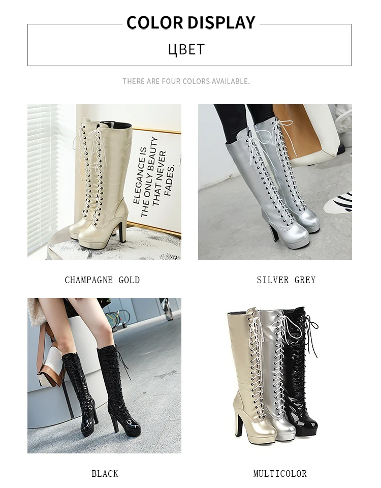 ANMAIRON PU Knee-High Round Toe Boots Women Super High Square Heel Winter shoes Zip Cross-tied Thigh High Boot Solid Short Plush