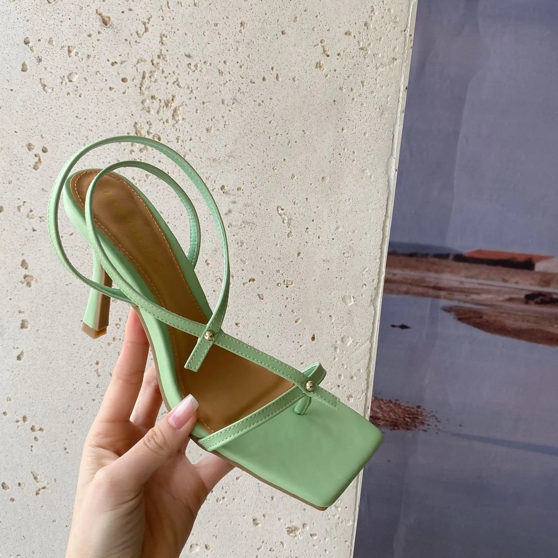 

New Brand Design Gladiator Sandals Thin High Heel Dress Pumps Shoes Narrow Band Square Head Clip-On Strappy Sandalser76