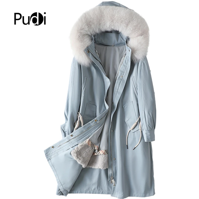 

Pudi Women Real Rabbit Fur Parka Trench Winter Female Warm Fox Collar Hooded Coat Jacket Overcoats A41632