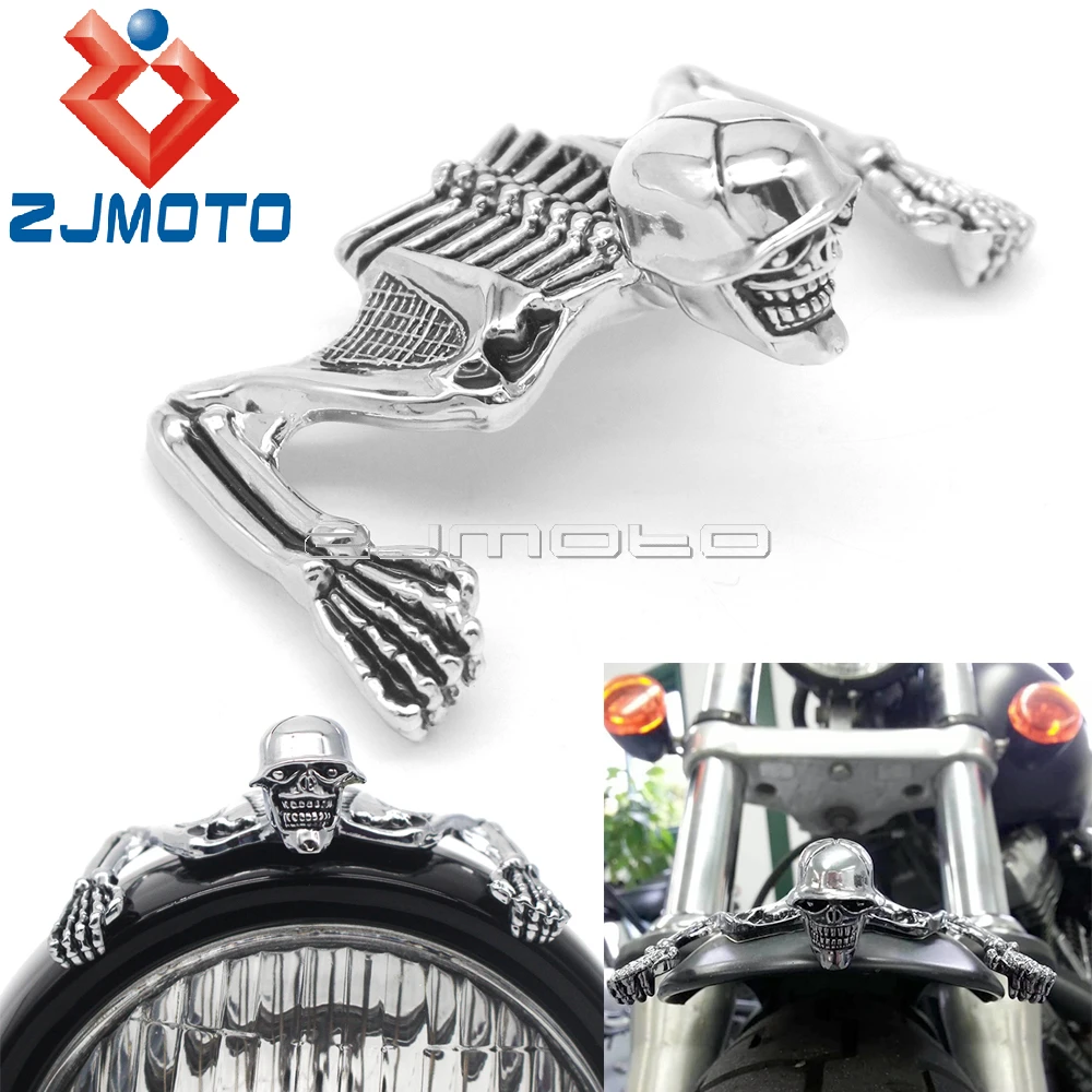 

Steel Skeleton Decorative Figure For Harley Motorcycle 4.5" 5.75" 7" Headlight Visor Fender Custom Skeleton Skull Chrome Statue