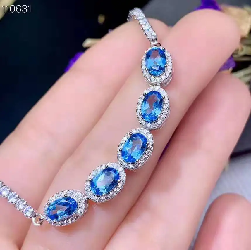 Серебряный ювелирный браслет S925 с натуральными синими драгоценными камнями |