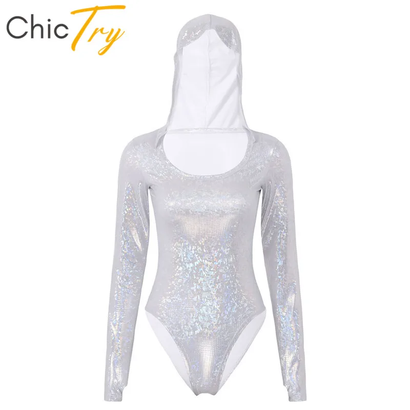 Женское блестящее боди с длинным рукавом и капюшоном| |