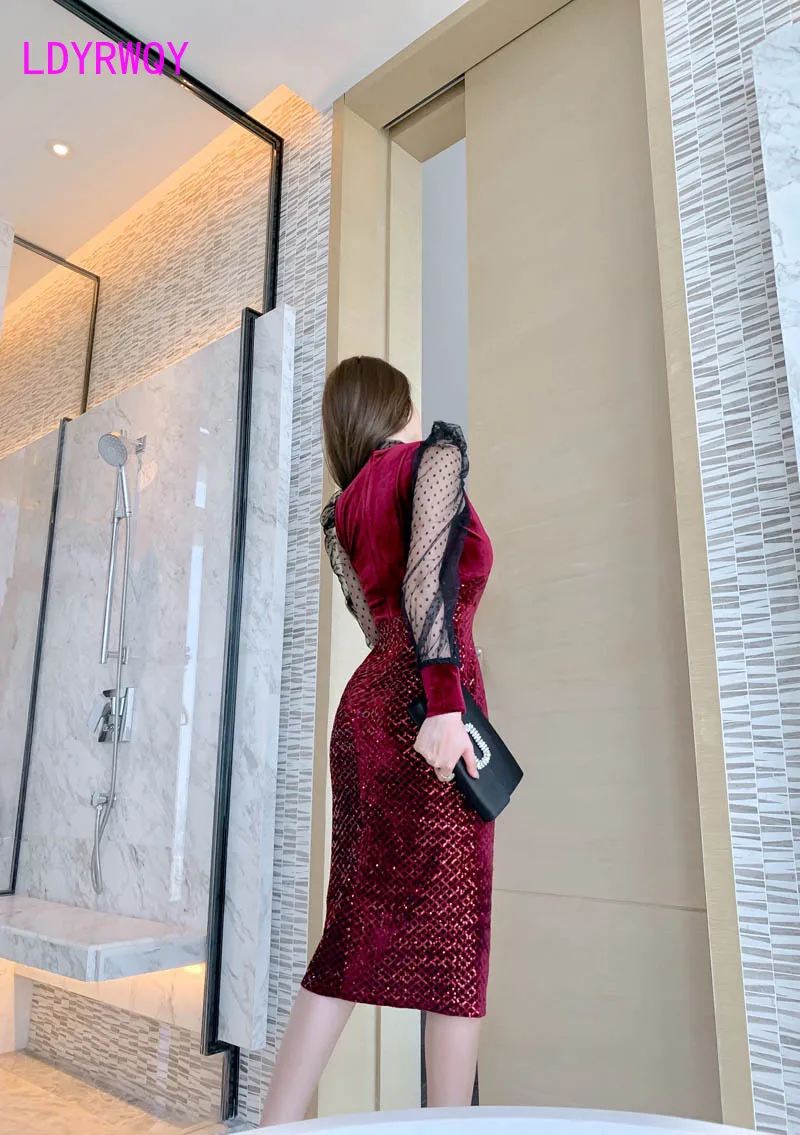 

2021 Spring dress bright silk mesh sequin stitching long-sleeved black dress female autumn/winter bottoms