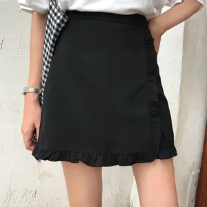 HOUZHOU Mini Skirts Women Kawaii Ruffle Patchwork High Waisted Black Skirt School Girl Preppy Style Summer Korean Fashion Casual