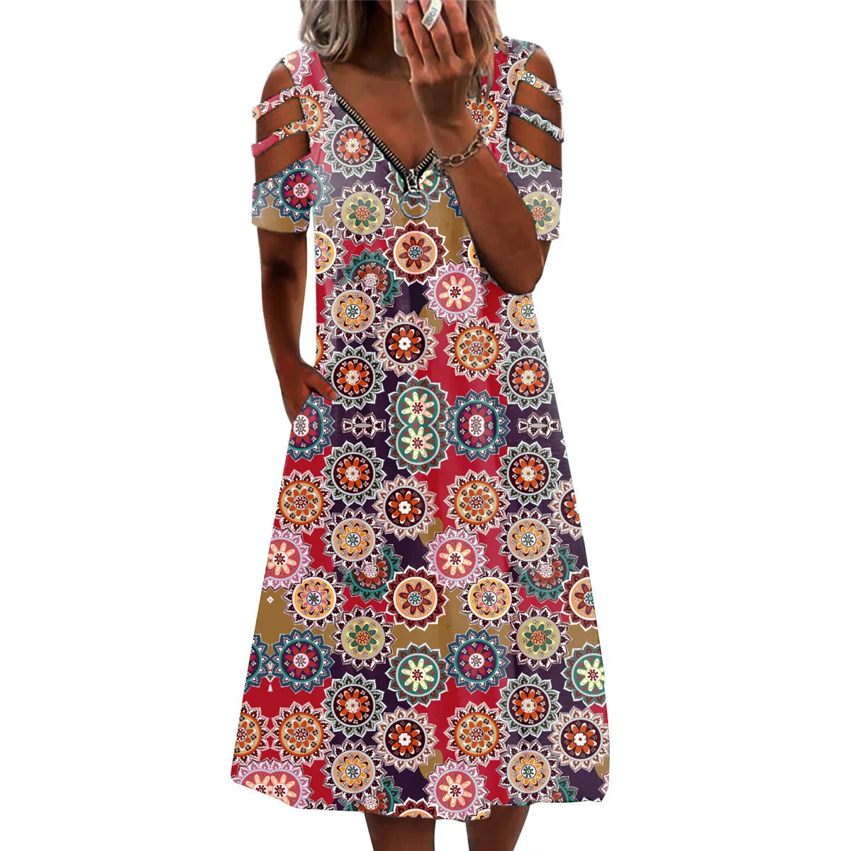 

2021 Summer New Women's V-neck Print Zipper Short Sleeve Off Shoulder Dress Harajuku Women Sexy Dress Vintage Long