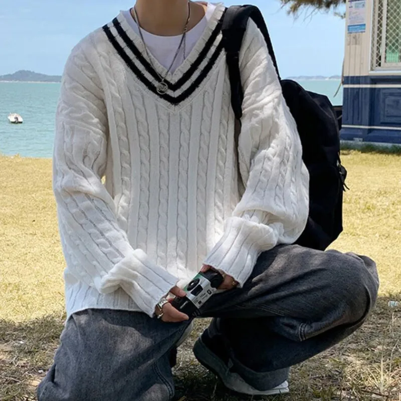 Осенний свитер с V-образным вырезом мужской теплый Модный повседневный вязаный