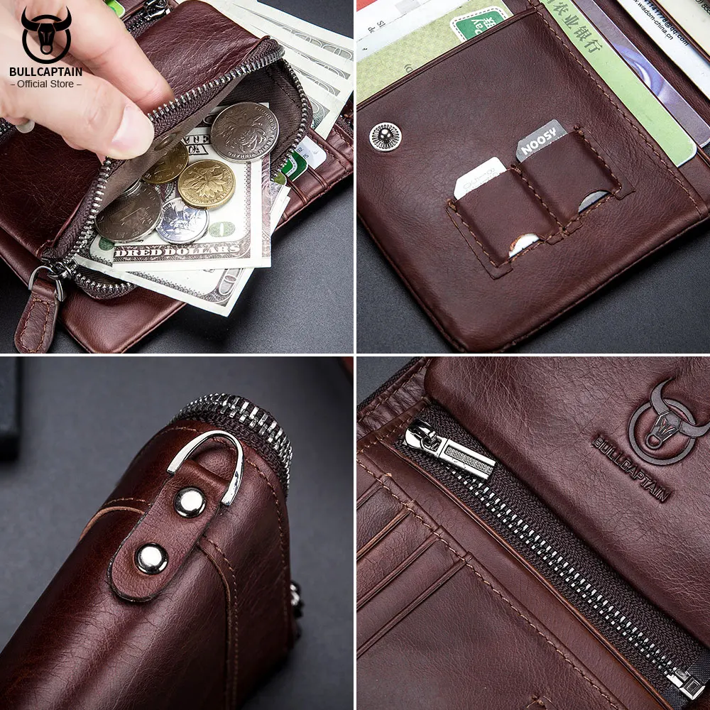 Кошелек BULLCAPTAIN RFID мужской кожаный модный клатч на молнии бумажник с кармашком для