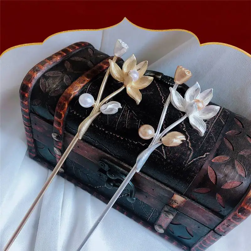 Винтажная длинная шпилька для волос с цветком лотоса металлическая аксессуары