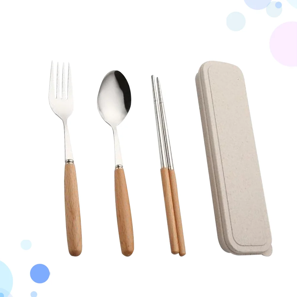 

3pcs Stainless Steel Chopsticks Spoon Fork Set Wood Handle Portable Tableware with Case For Travel Home Camping (Chopsticks and